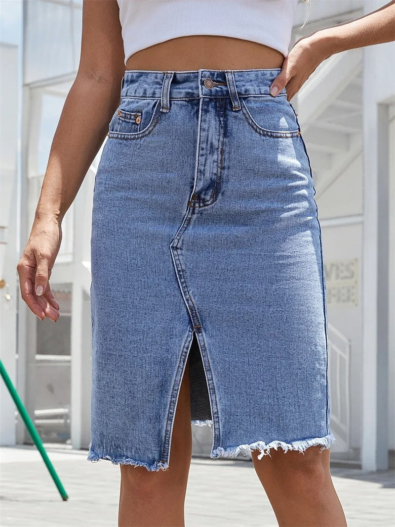 Midi-skjørt i spaltet denim foran for kvinner