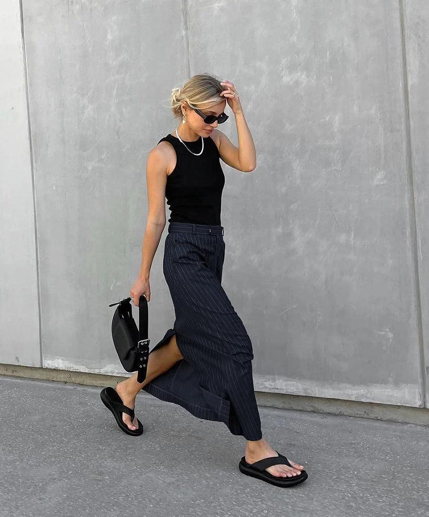 Stripet twill rett skjørt for kvinner