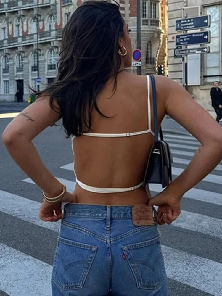 Ryggløs Crop Top med tynne stropper for kvinner
