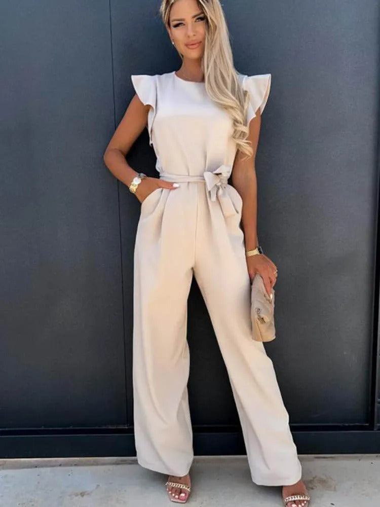 Ruffle Sleeve Jumpsuit med bånd og midje med vidde ben