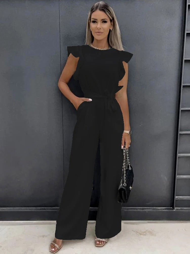Ruffle Sleeve Jumpsuit med bånd og midje med vidde ben