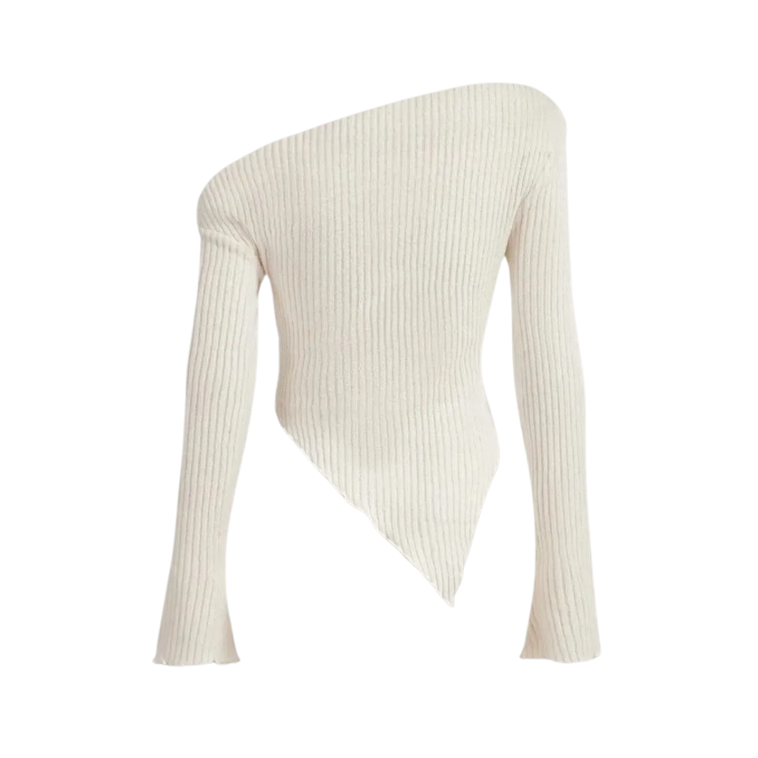 Asymmetrisk ribbete genser i halsen