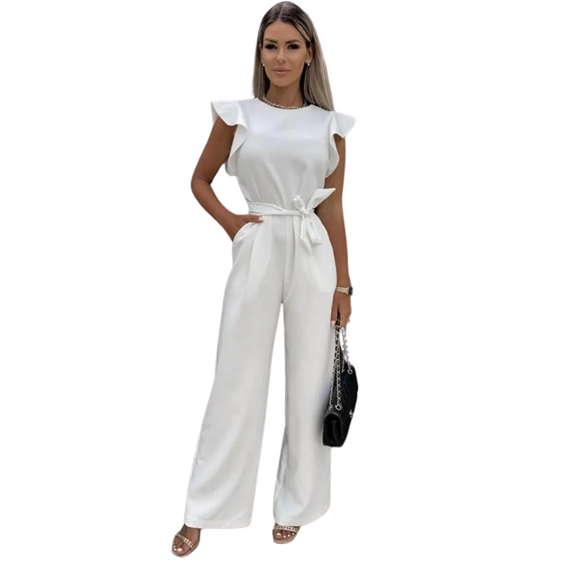 Ruffle Sleeve Jumpsuit med bånd og midje med vidde ben
