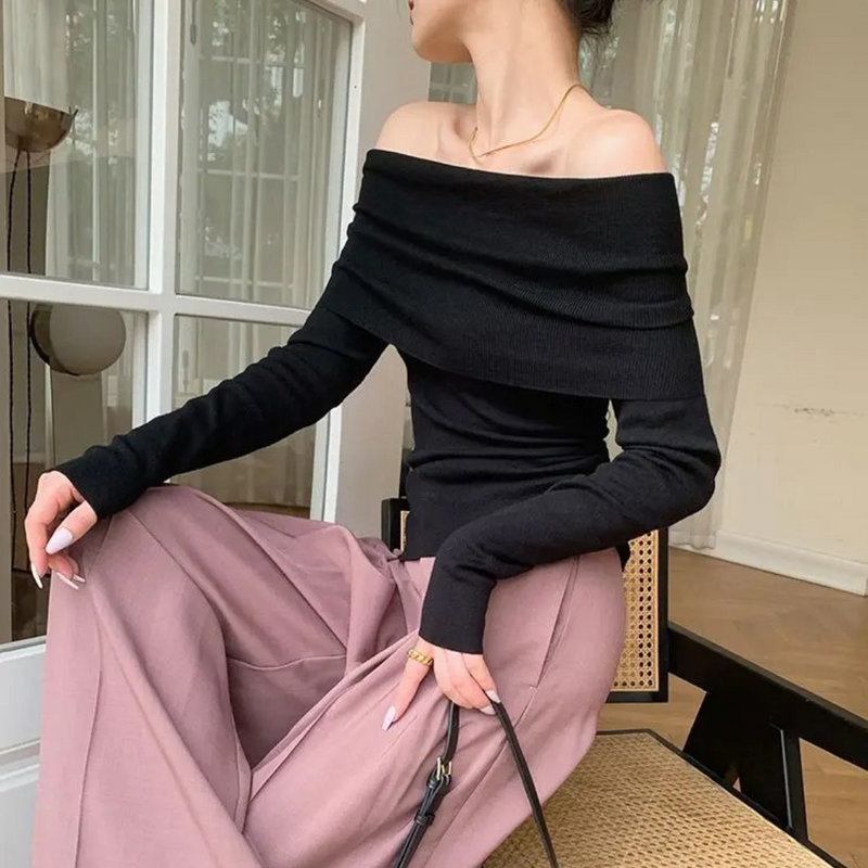 Slash Neck strikket topp for kvinner