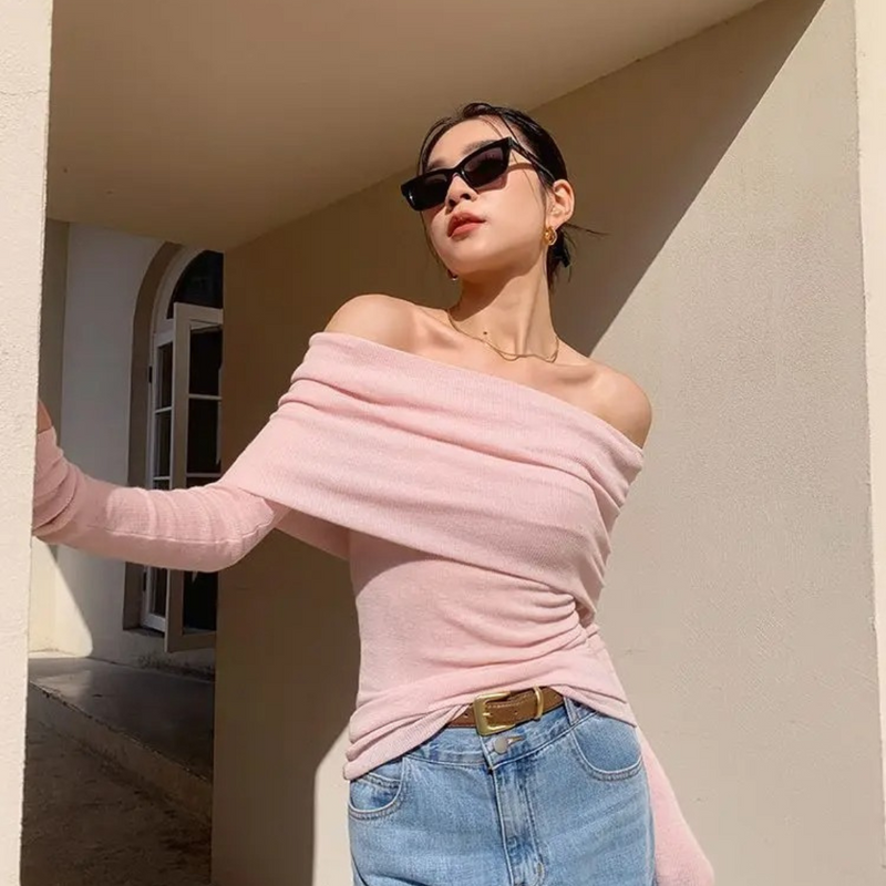 Slash Neck strikket topp for kvinner