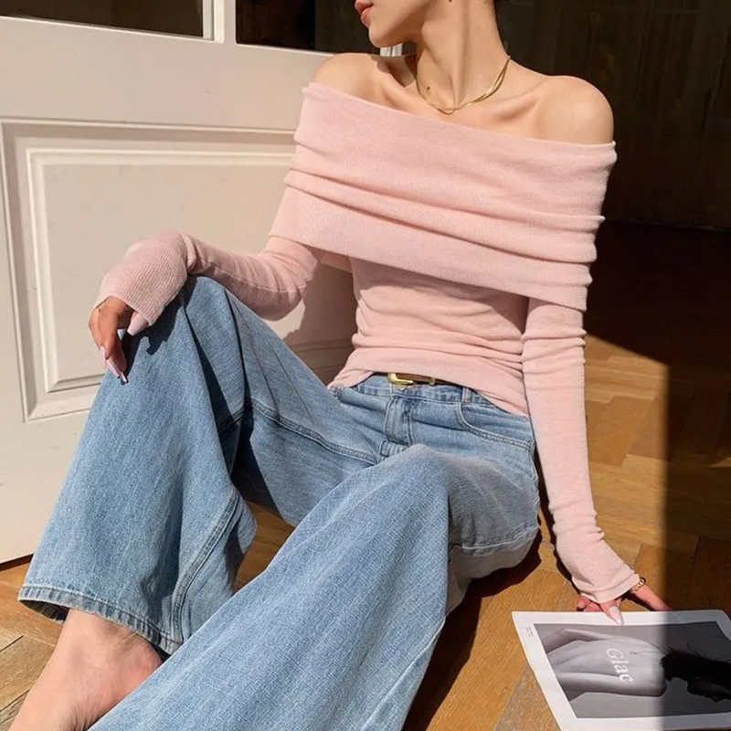 Slash Neck strikket topp for kvinner