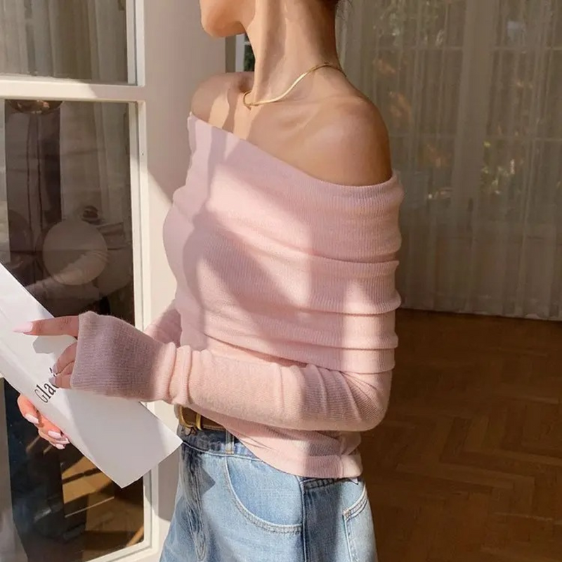 Slash Neck strikket topp for kvinner