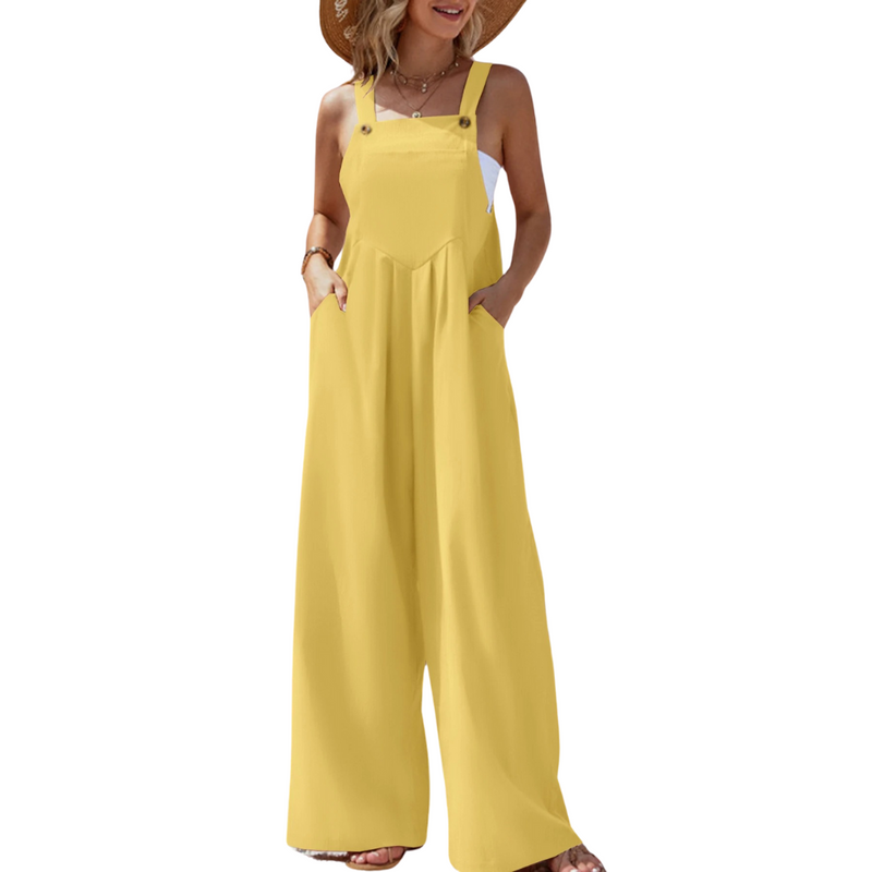 Ensfarget jumpsuit med bukseseler til dame