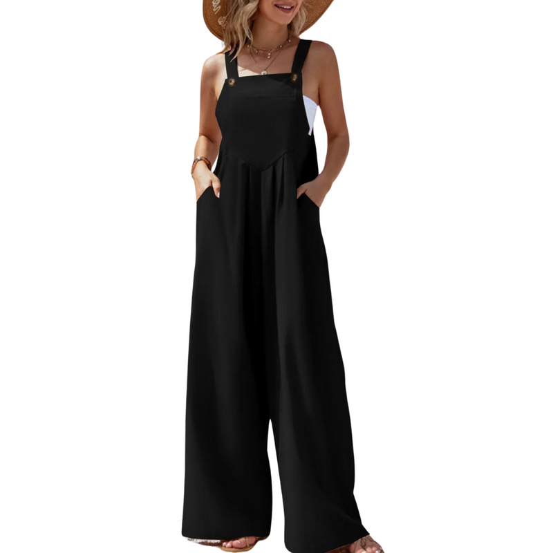 Ensfarget jumpsuit med bukseseler til dame