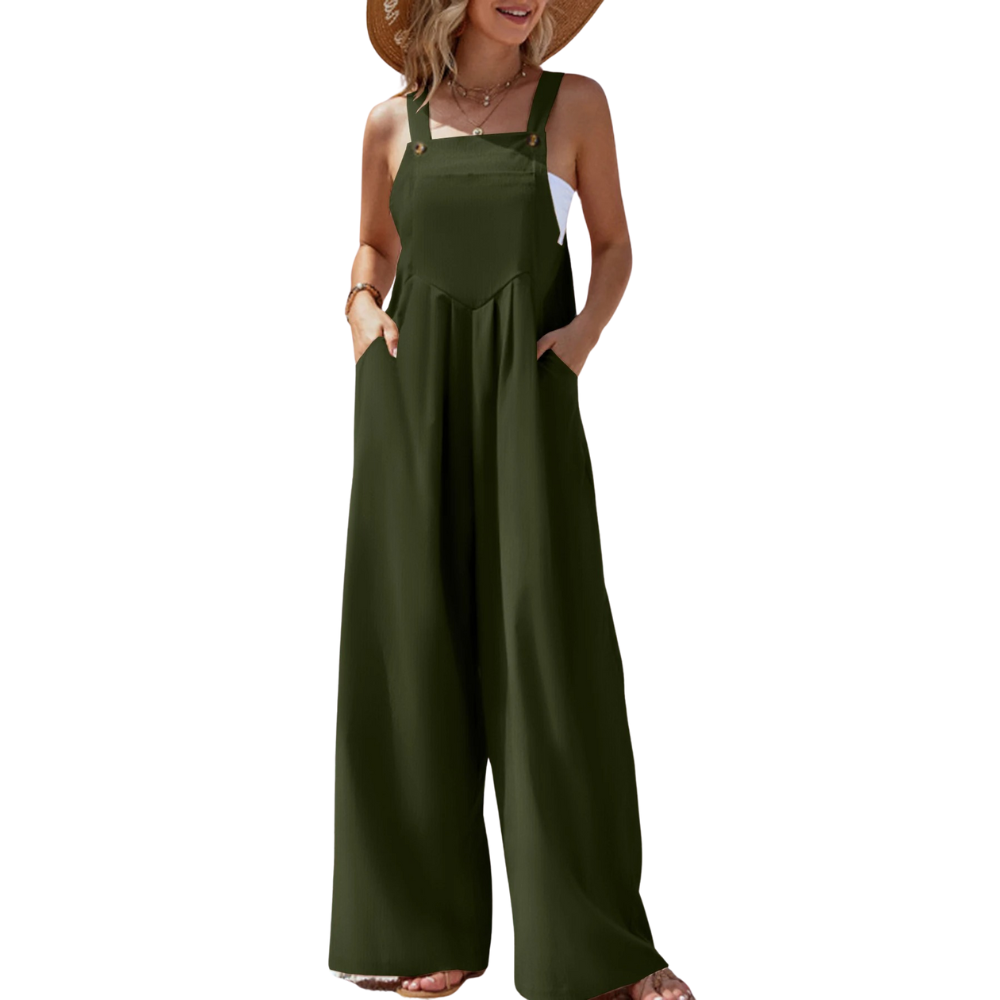 Ensfarget jumpsuit med bukseseler til dame