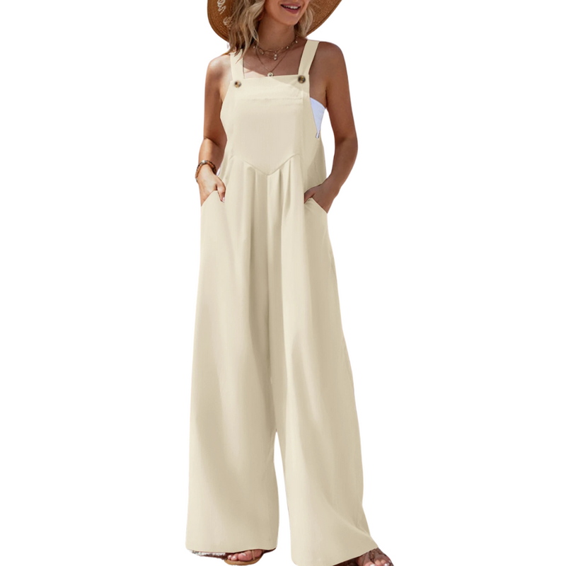 Ensfarget jumpsuit med bukseseler til dame
