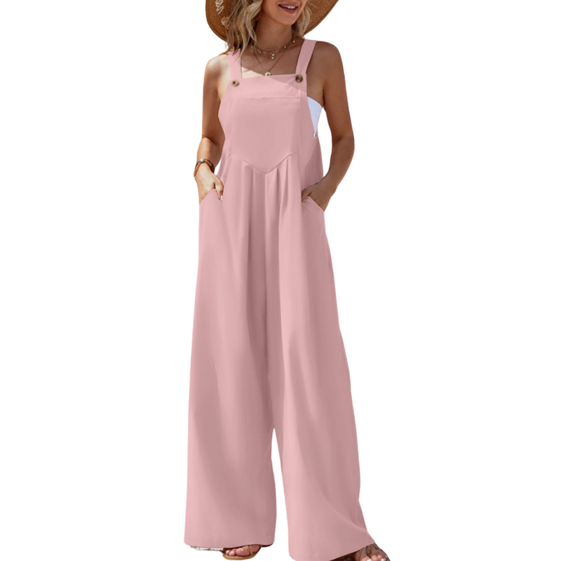 Ensfarget jumpsuit med bukseseler til dame