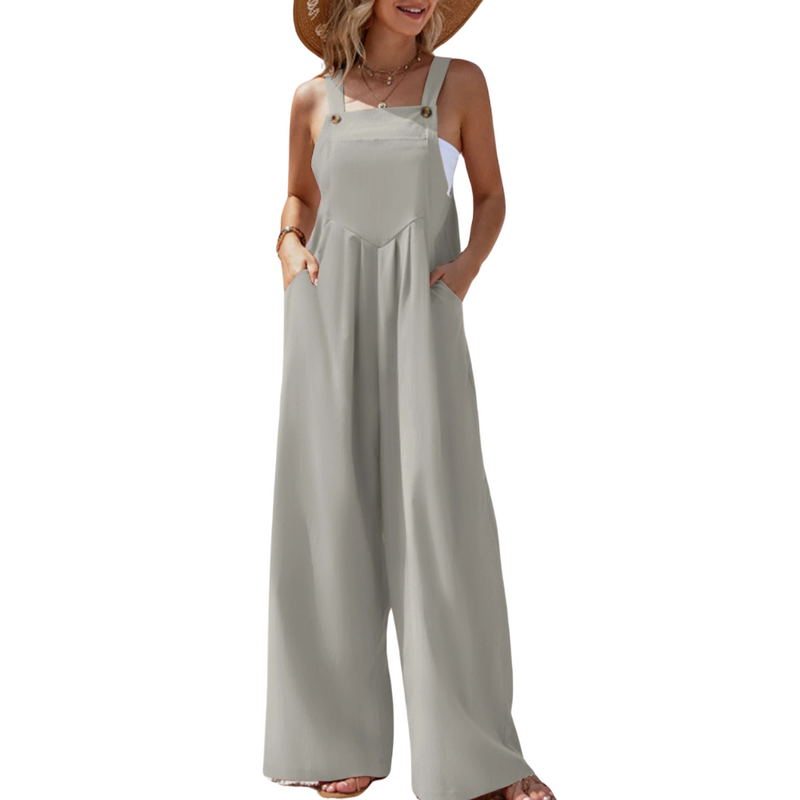 Ensfarget jumpsuit med bukseseler til dame