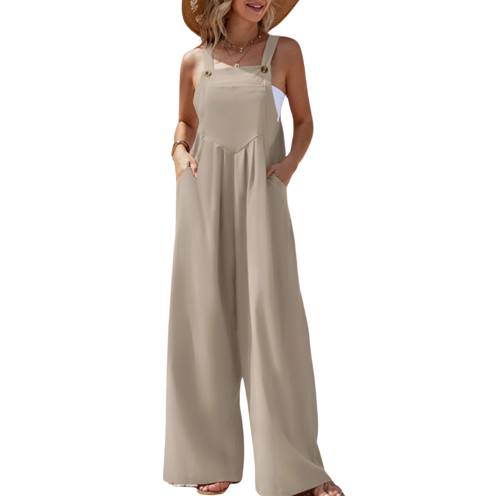 Ensfarget jumpsuit med bukseseler til dame