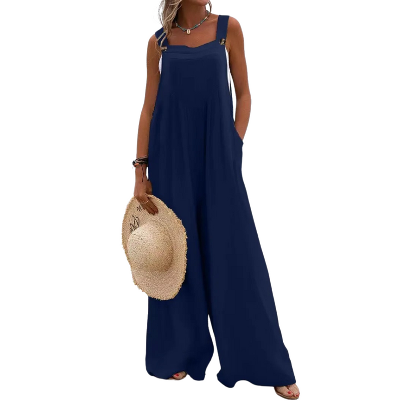 Ensfarget jumpsuit med bukseseler til dame