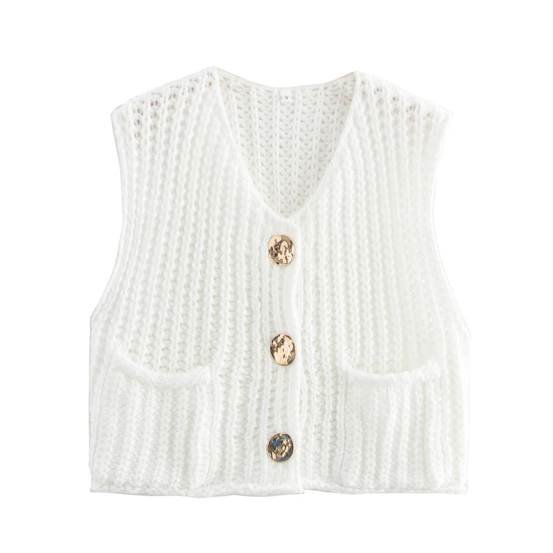 Strikket vest med metallknapper for kvinner
