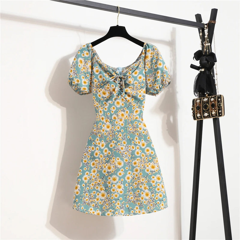Blomster chiffon puffermet minikjole for kvinner