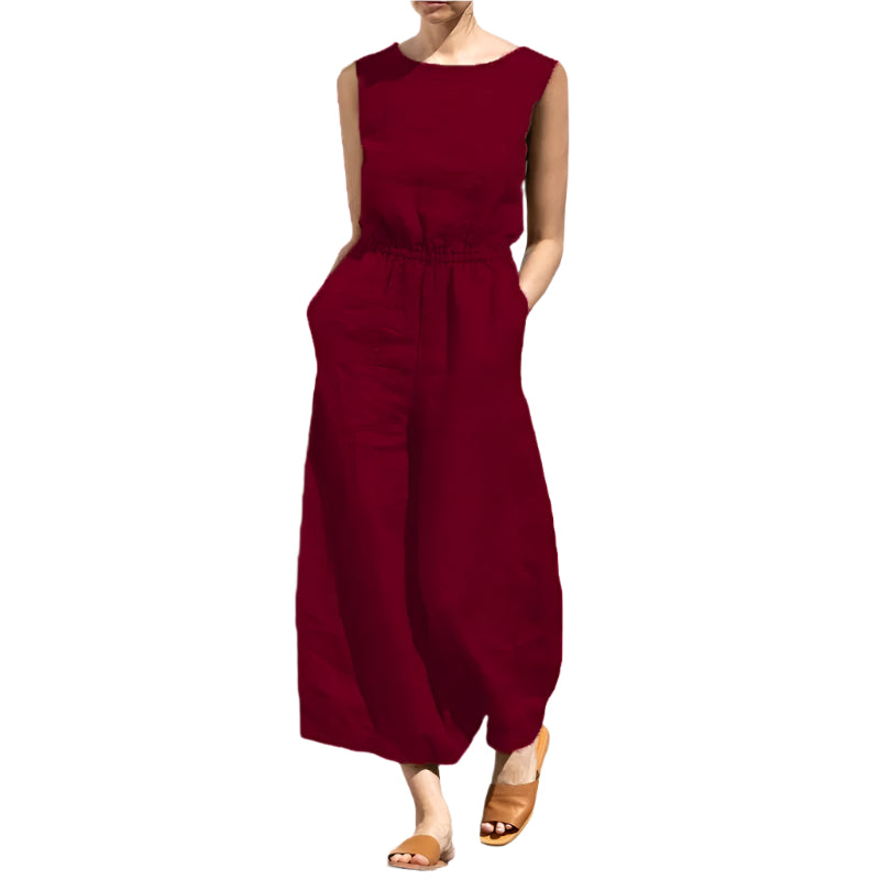 Jumpsuit i bomull og lin med høy midje for kvinner