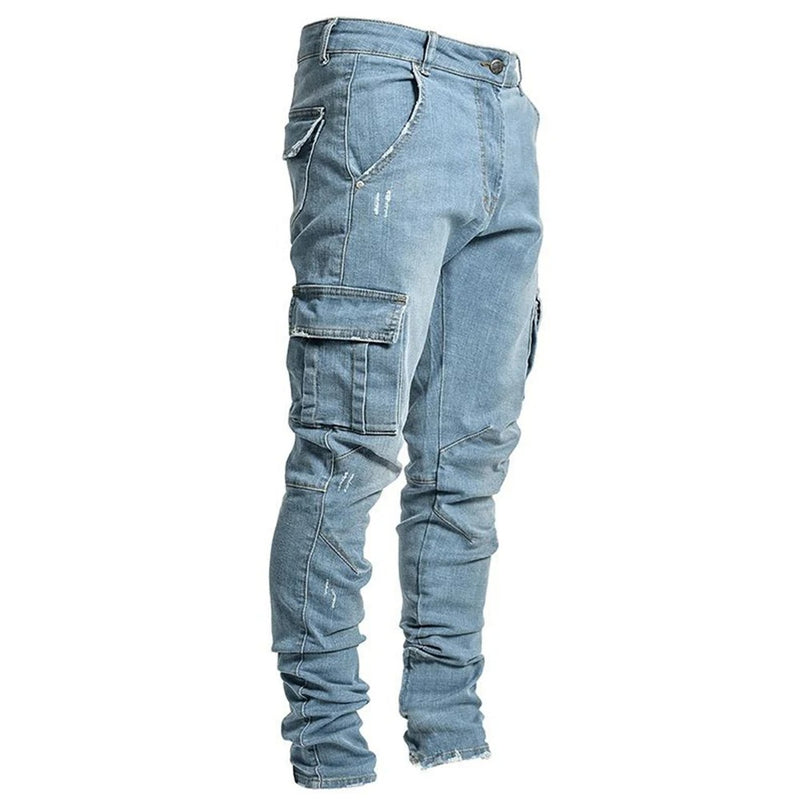 Elastiske jeans med flere lommer for menn