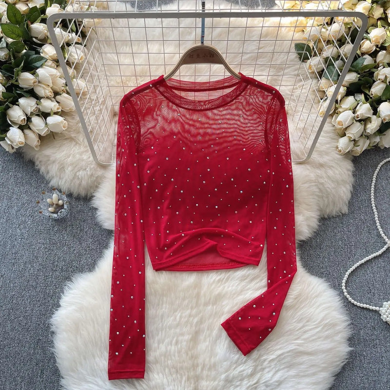 Dame Rhinestone Mesh Langermet Crop Top