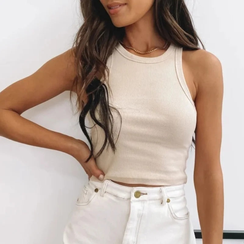 Ribbet off-shoulder Crop Tank Top for kvinner