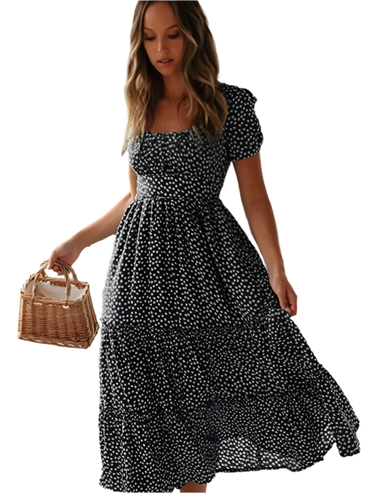 Kvinners blomster med pusermer med firkantet hals maxikjole