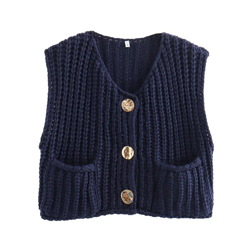 Strikket vest med metallknapper for kvinner