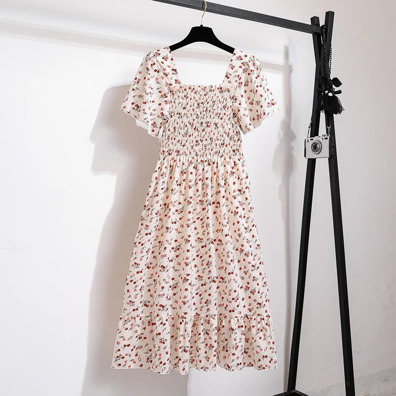 Blomstret midikjole i chiffon for kvinner
