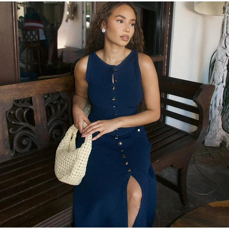 Button-up strikket Bodycon-kjole for kvinner