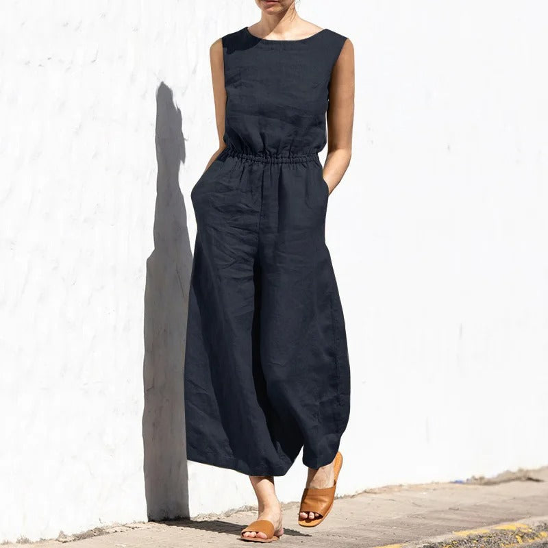 Jumpsuit i bomull og lin med høy midje for kvinner
