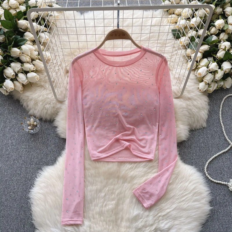 Dame Rhinestone Mesh Langermet Crop Top