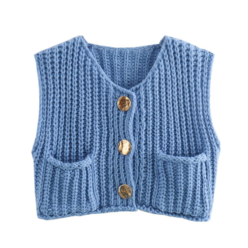 Strikket vest med metallknapper for kvinner