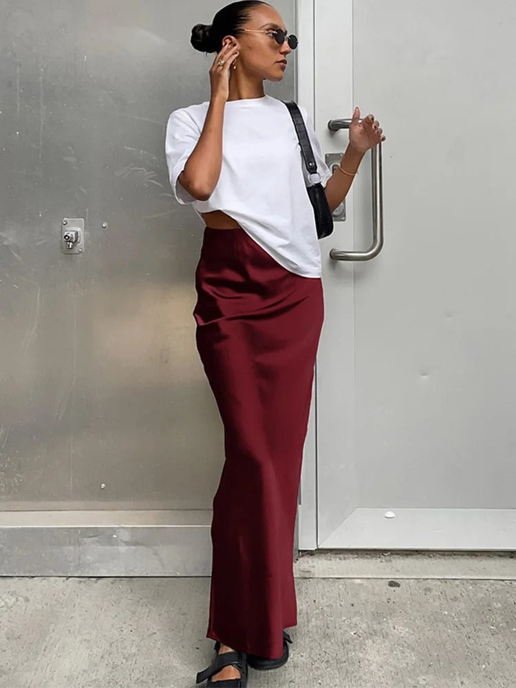 Høy midje satengskjørt for kvinner