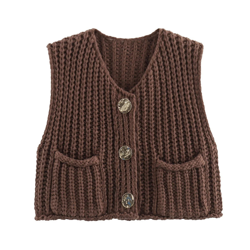Strikket vest med metallknapper for kvinner