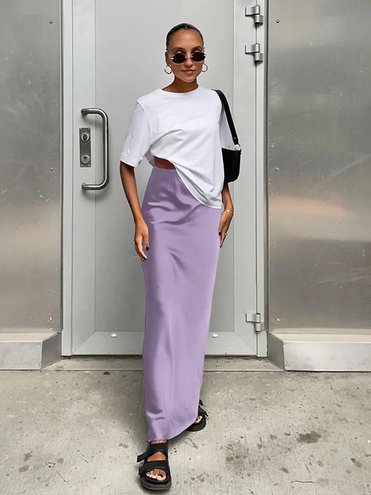 Høy midje satengskjørt for kvinner