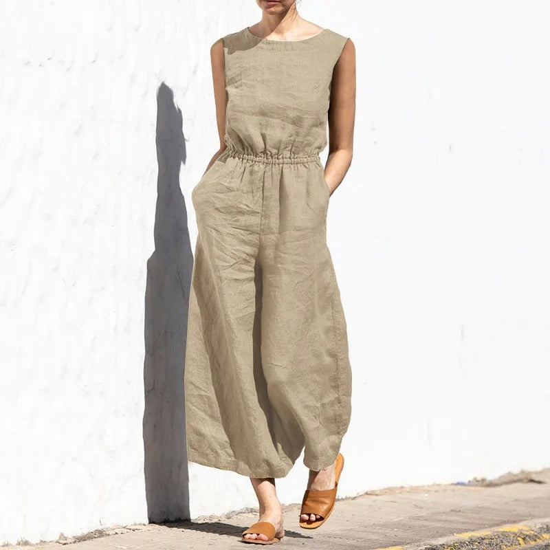 Jumpsuit i bomull og lin med høy midje for kvinner