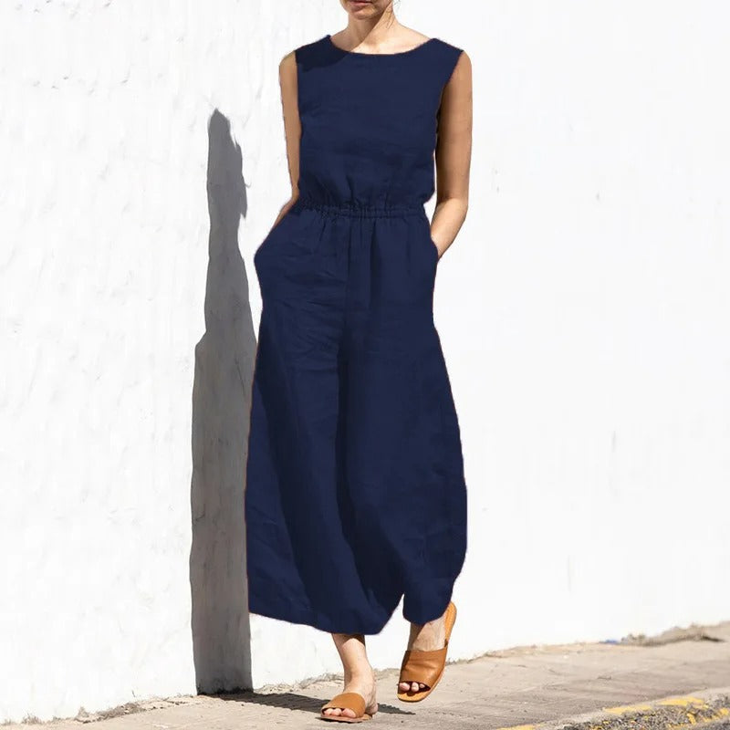 Jumpsuit i bomull og lin med høy midje for kvinner