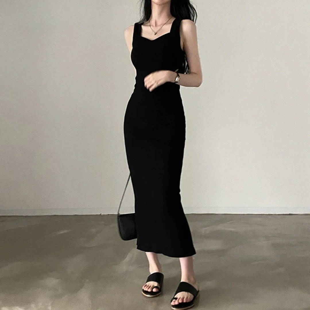 Strikket lang kjole med firkantet hals for kvinner