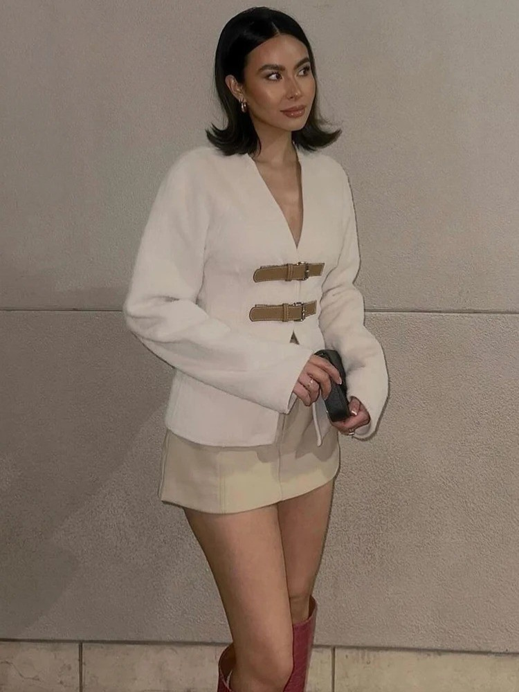 Vintage skinnspenne ulljakke for kvinner