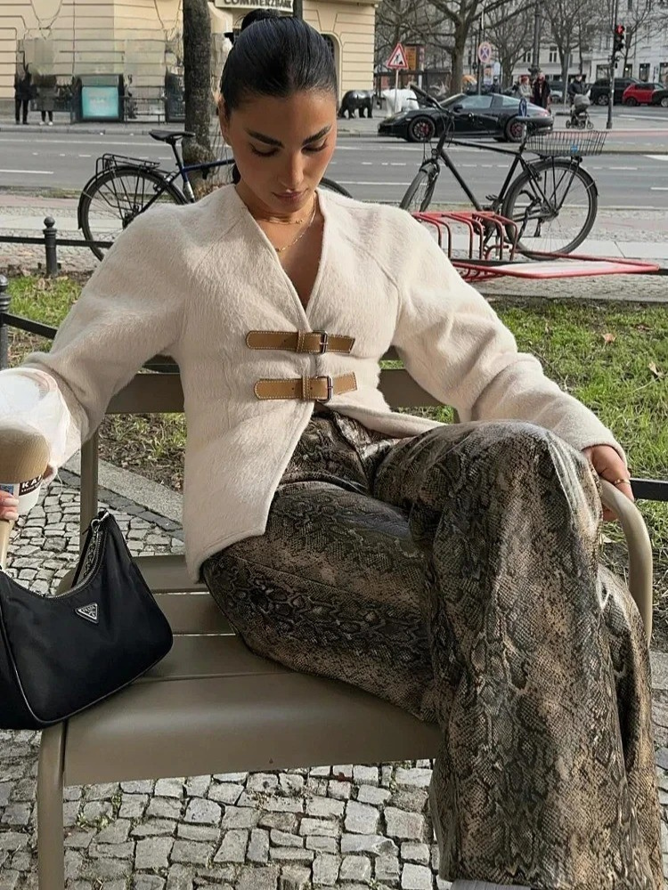 Vintage skinnspenne ulljakke for kvinner